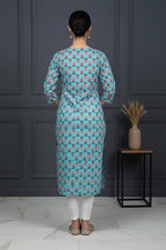 SN128 women’s aqua blue cotton printed kurti straight fit three-quarter sleeve back pose
