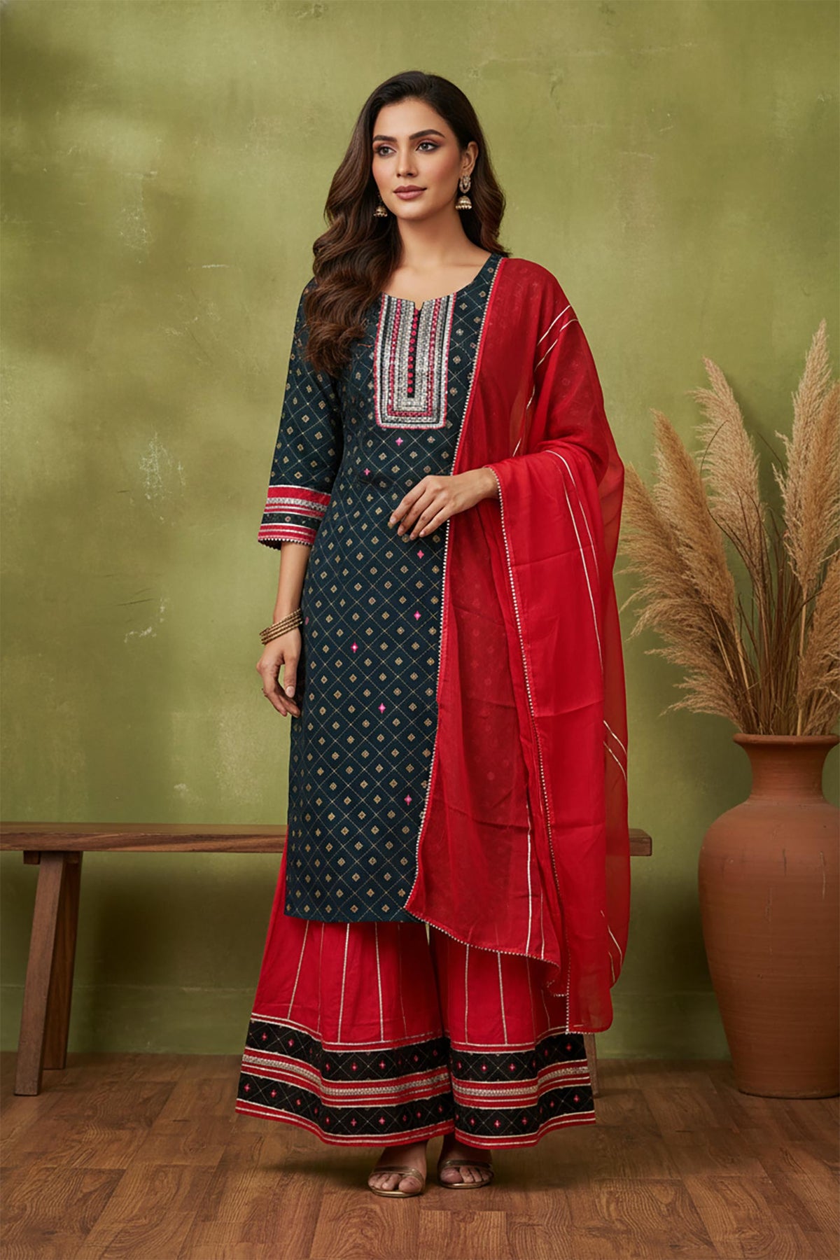 SN129 women’s midnight teal kurta sharara set with three-quarter sleeves and embroidered neckline, front pose.