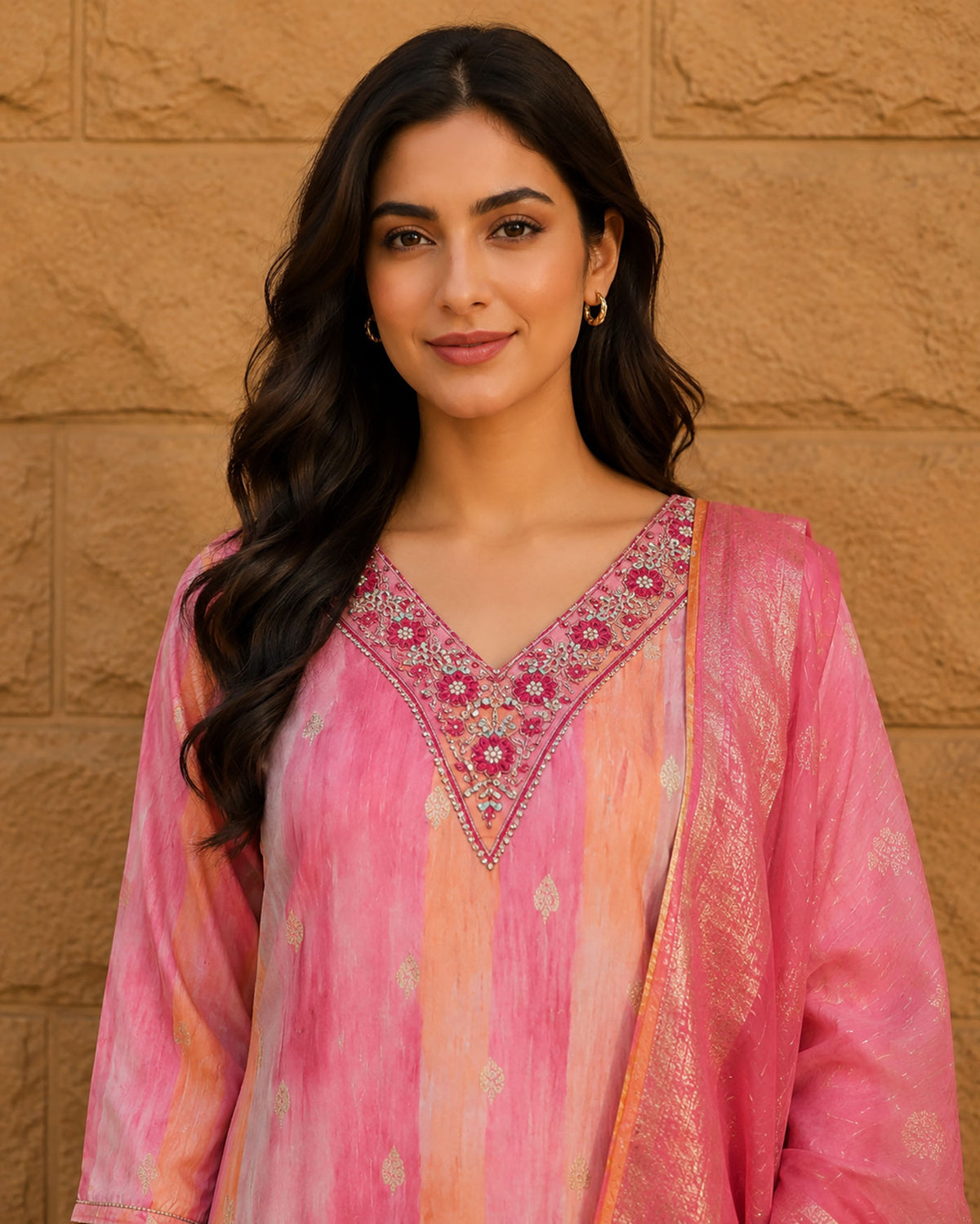 SN132 women’s pink kurta set close-up, V-neck embroidered neckline, three-quarter sleeves detail