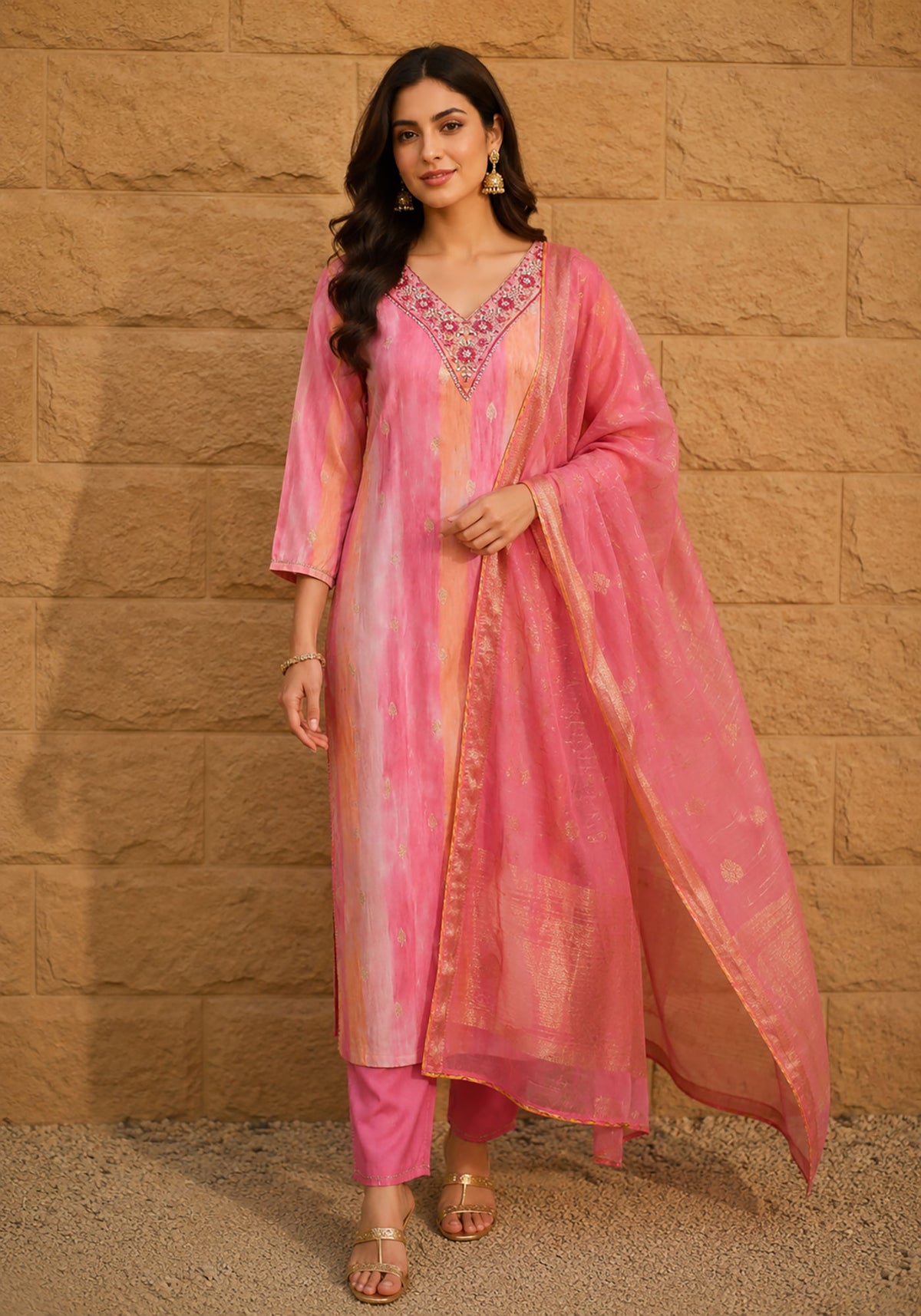 SN132 women’s pink silk blend kurta set with dupatta, V-neck embroidery, straight fit front pose
