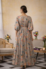 SN134 multicolor floral silk maxi dress for women with flowy fit and puff sleeves back pose