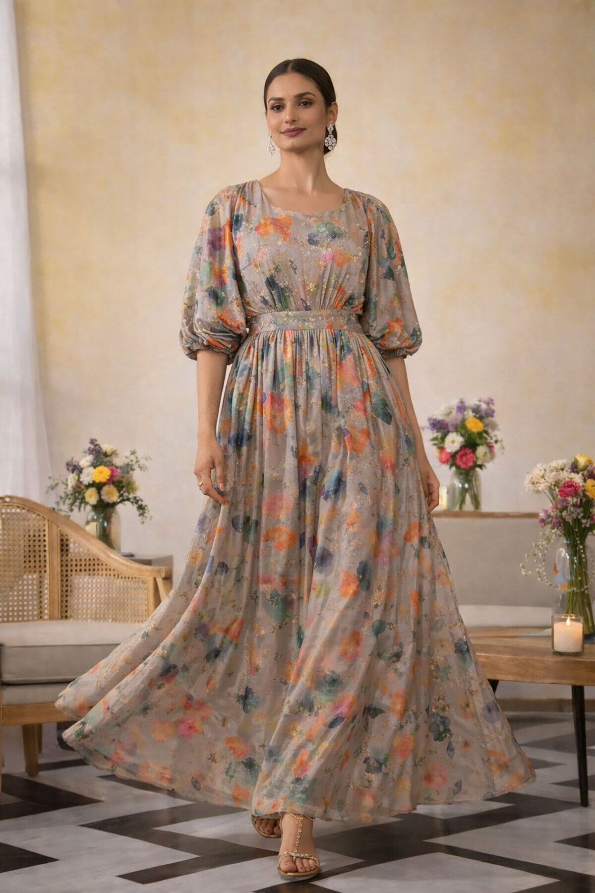SN134 multicolor floral silk maxi dress for women with flowy drape and elegant movement walking pose