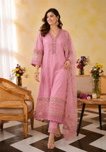SN135 women’s blush pink embroidered kurta set with V-neck and three-quarter sleeves walking pose