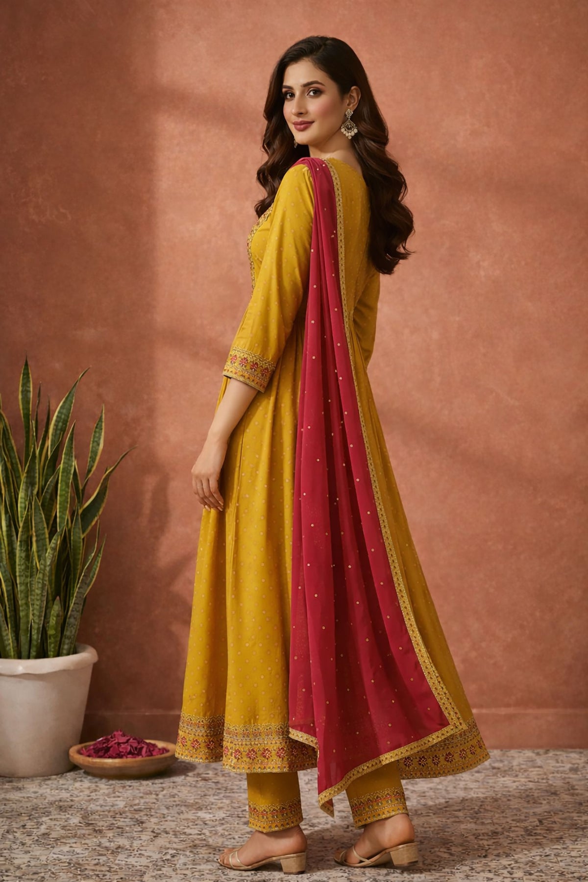 SN137 women’s mustard yellow Anarkali kurta set with dupatta, long sleeve side pose view