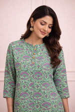 SN138 Aarini leaf green floral cotton kurta pant set closeup showing botanical print and neckline detail
