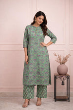 SN138 Aarini leaf green floral cotton kurta pant set for women with three quarter sleeves front pose