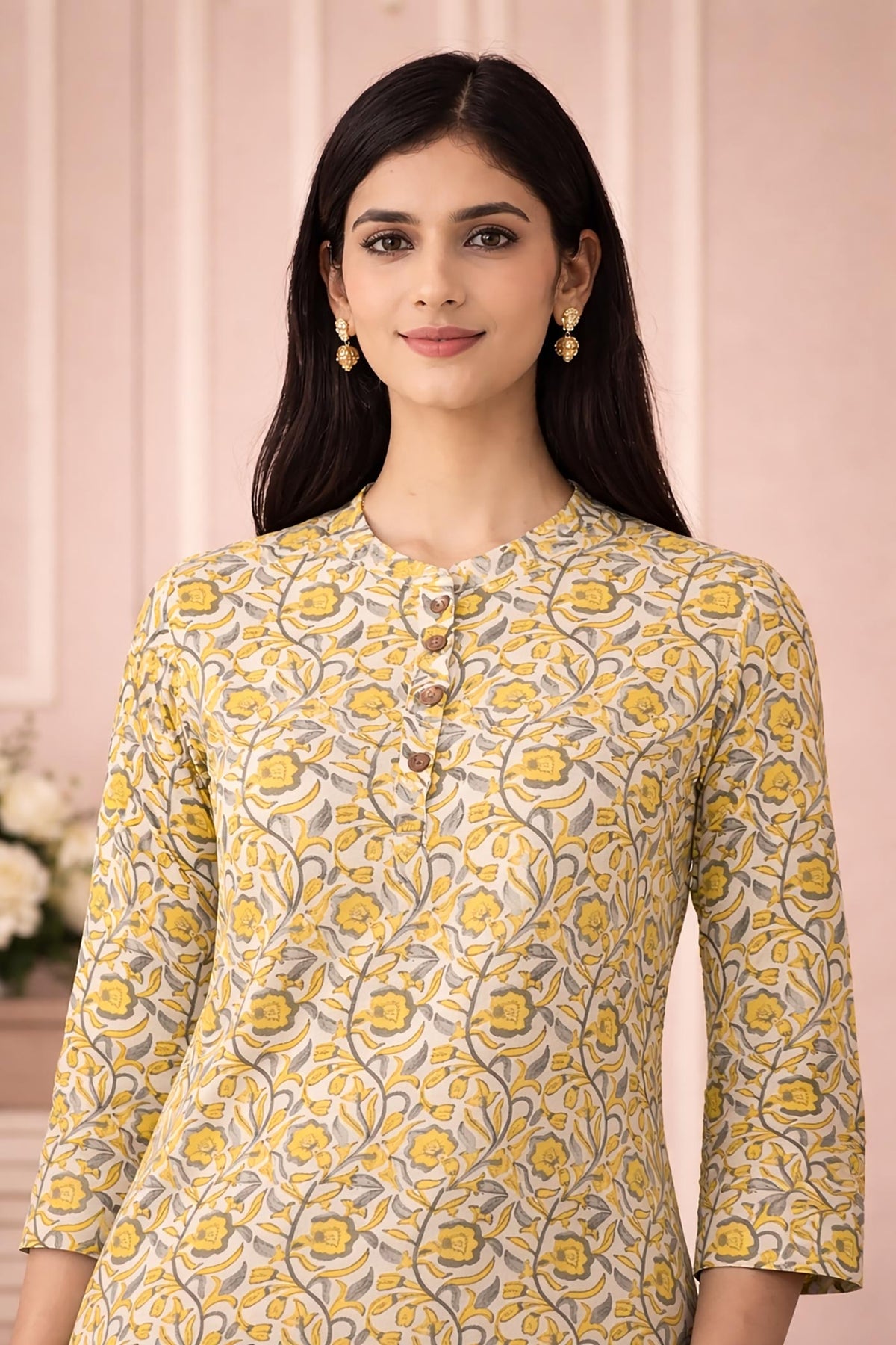SN139 women’s mustard floral cotton kurta with round neckline and wooden buttons, closeup pose.