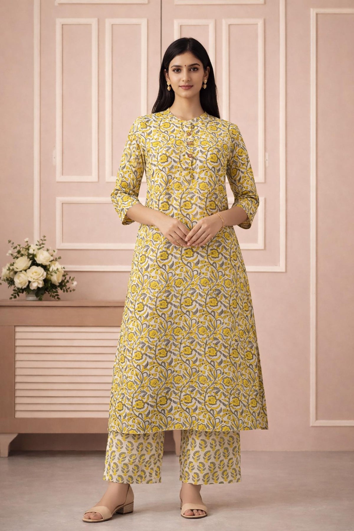 SN139 women’s mustard floral cotton kurta pant set with three-quarter sleeves, front pose.