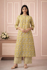 SN139 women’s mustard floral cotton kurta pant set with three-quarter sleeves, front pose.