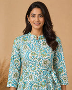 Closeup view of turquoise teal botanical vine print dress showing mandarin collar, fine stitching and crisp fabric texture