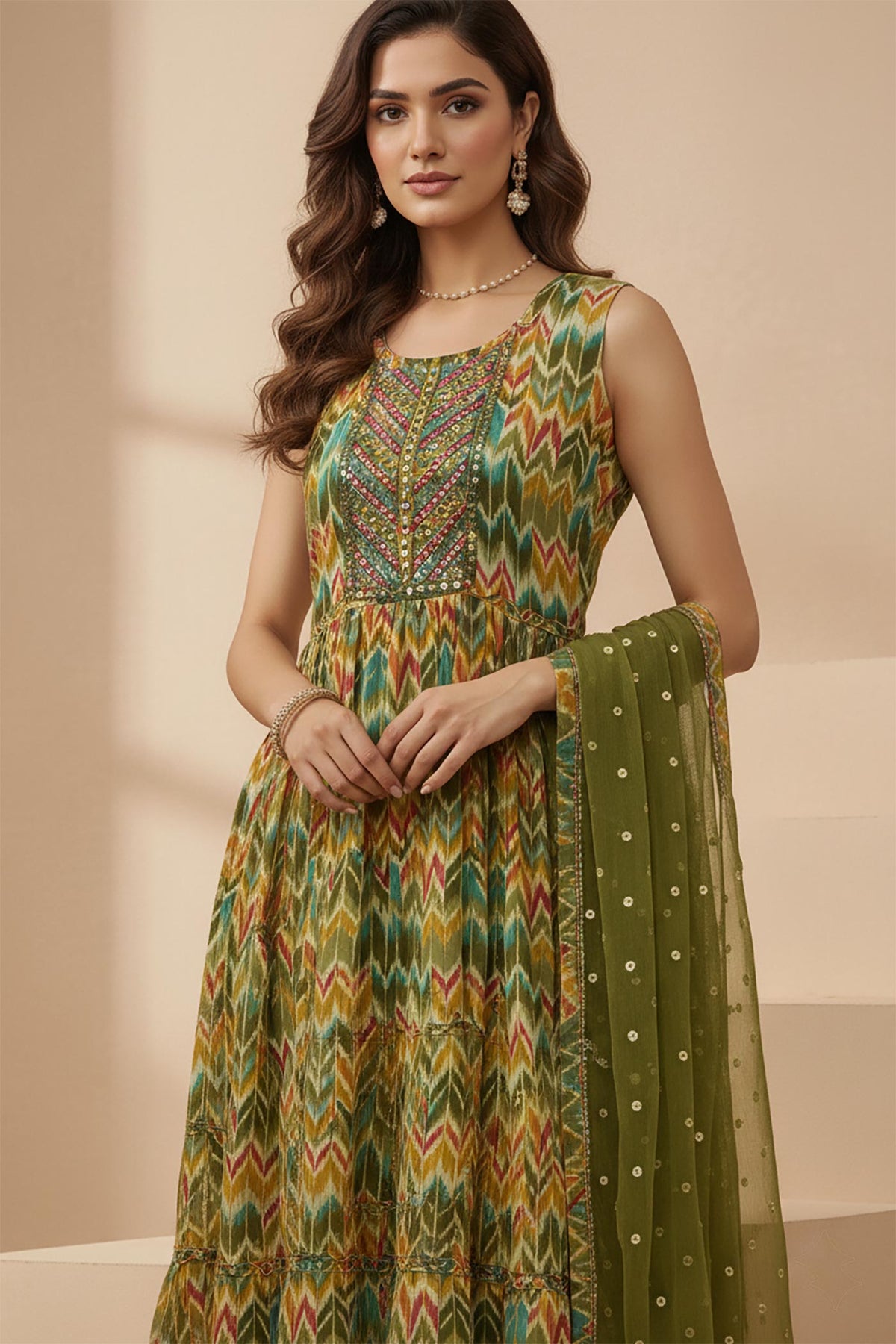 Olive green kurta set close-up showing round neckline and intricate Ikat print detailing.