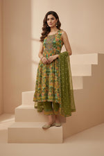 Olive green Ikat printed sleeveless kurta set front view with dupatta and embellished flats.