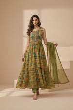 Green Ikat kurta set in motion featuring flared hem, dupatta, and open-toe sandals.