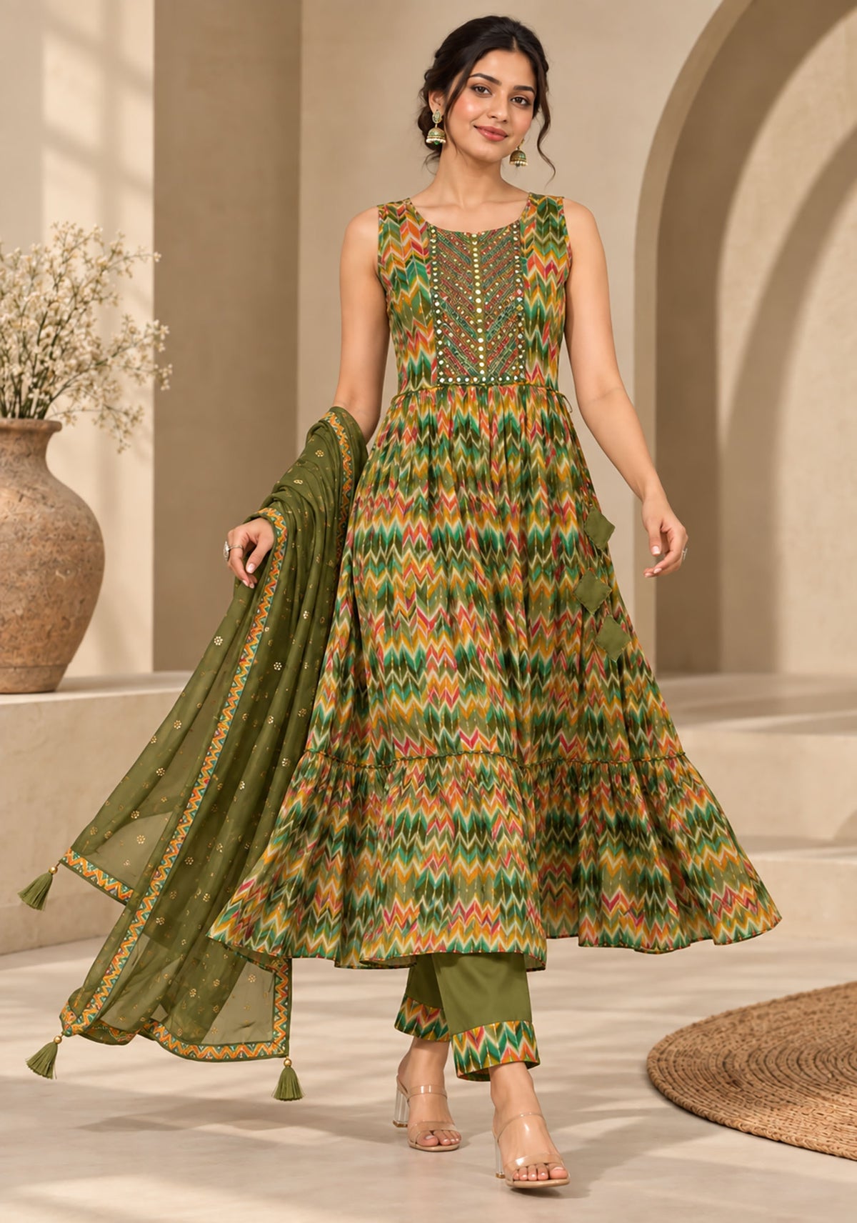 A woman models a sleeveless green and orange patterned Anarkali gown with matching green pants and a green dupatta, set against a warm beige architectural background.
