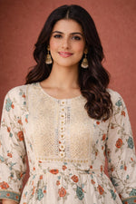 SN141 women’s ivory cotton Anarkali dress closeup showing embroidered yoke and round neckline.