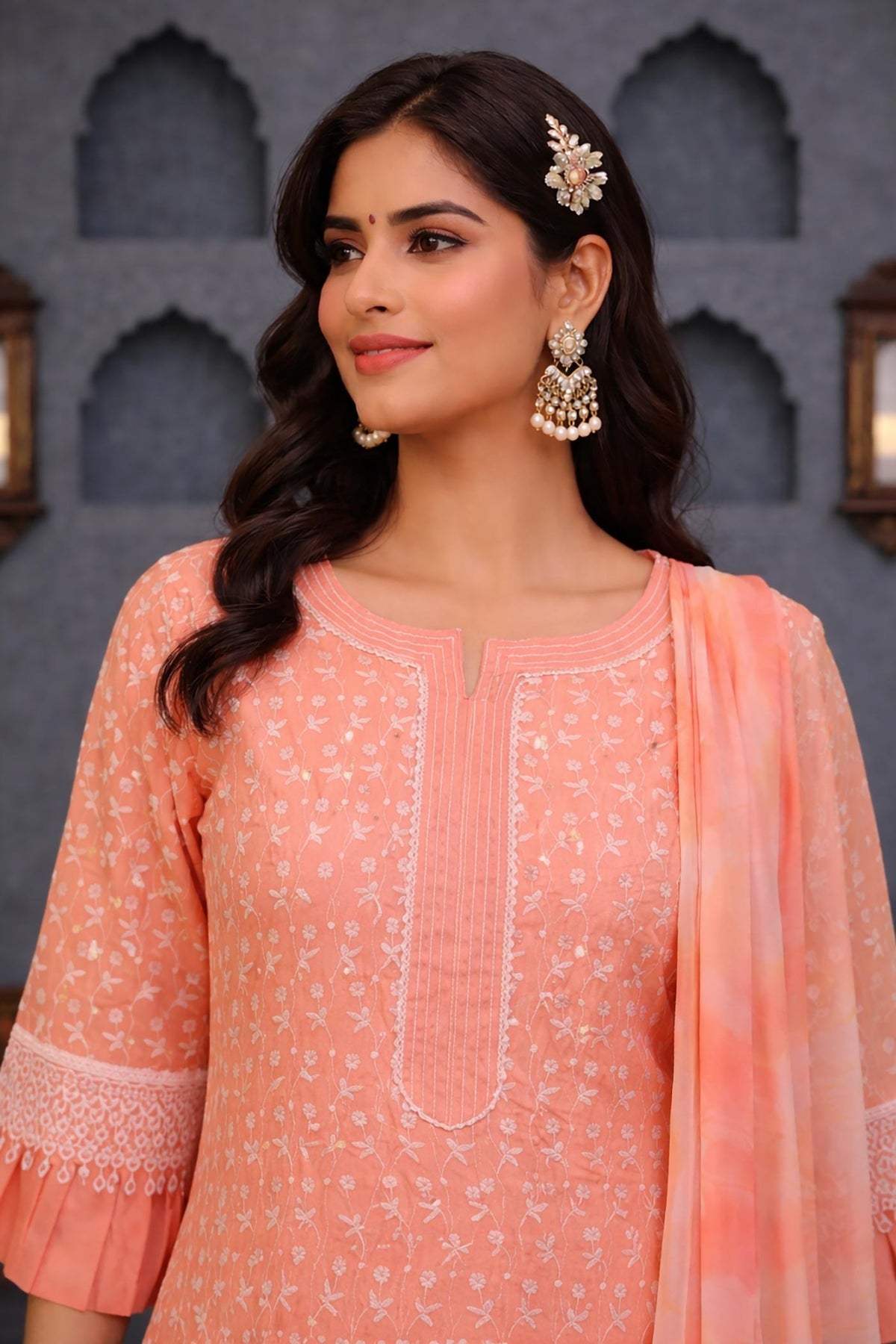 SN142 women’s peach coral cotton kurta with floral embroidery and V-neck, closeup pose