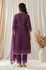 SN143 women’s purple embroidered kurta set back pose, V-neck A-line festive wear