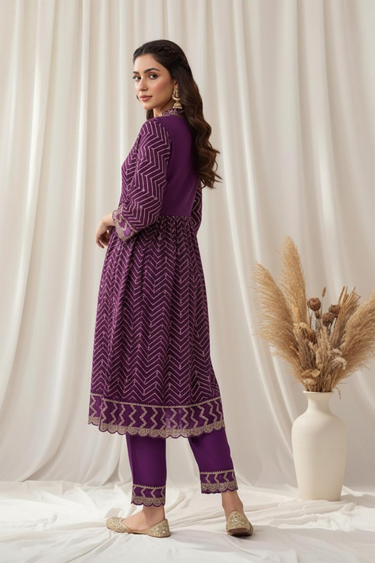 SN143 women’s purple embroidered kurta set with dupatta, side pose showing A-line silhouette