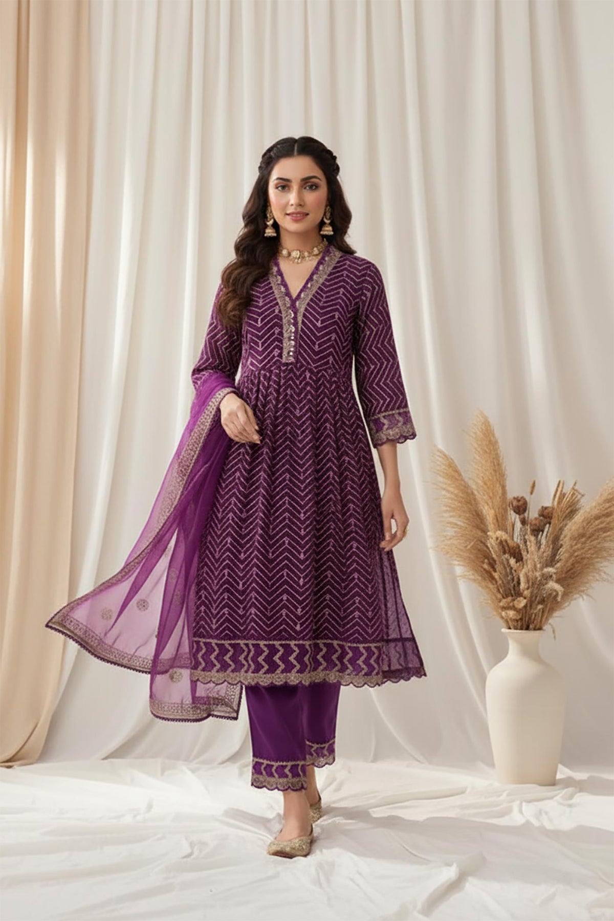 SN143 women’s purple embroidered kurta set walking pose, flowy A-line fit with dupatta