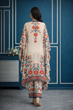 SN145 women’s ivory floral silk chiffon kurta palazzo set showing back pose and printed detailing.