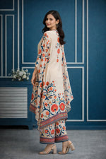SN145 women’s ivory floral silk chiffon kurta palazzo set with flowy sleeves, side pose view.
