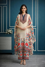 SN145 women’s ivory silk chiffon kurta palazzo set with V-neck and floral print, front pose view.