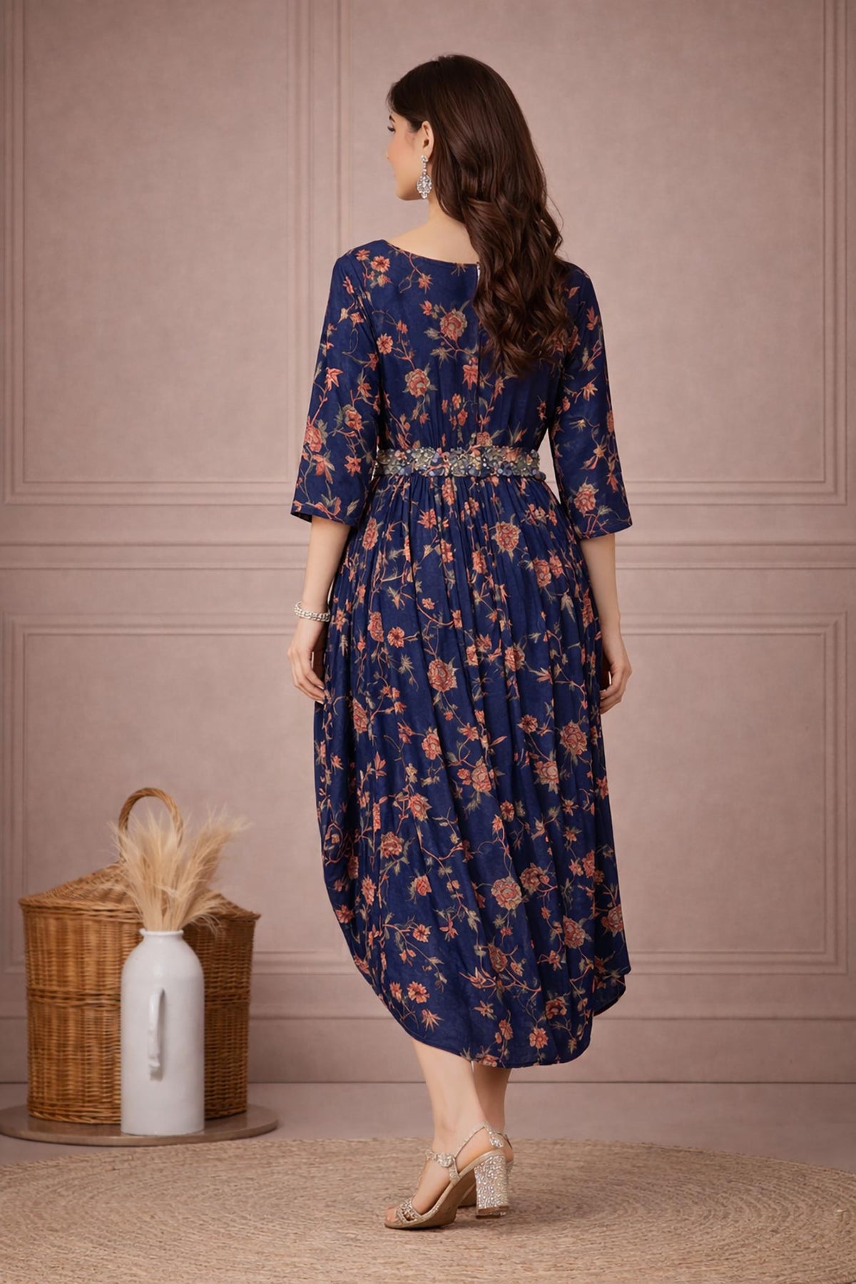 SN146 women’s navy floral asymmetric rayon kurta dress back view with three-quarter sleeves.