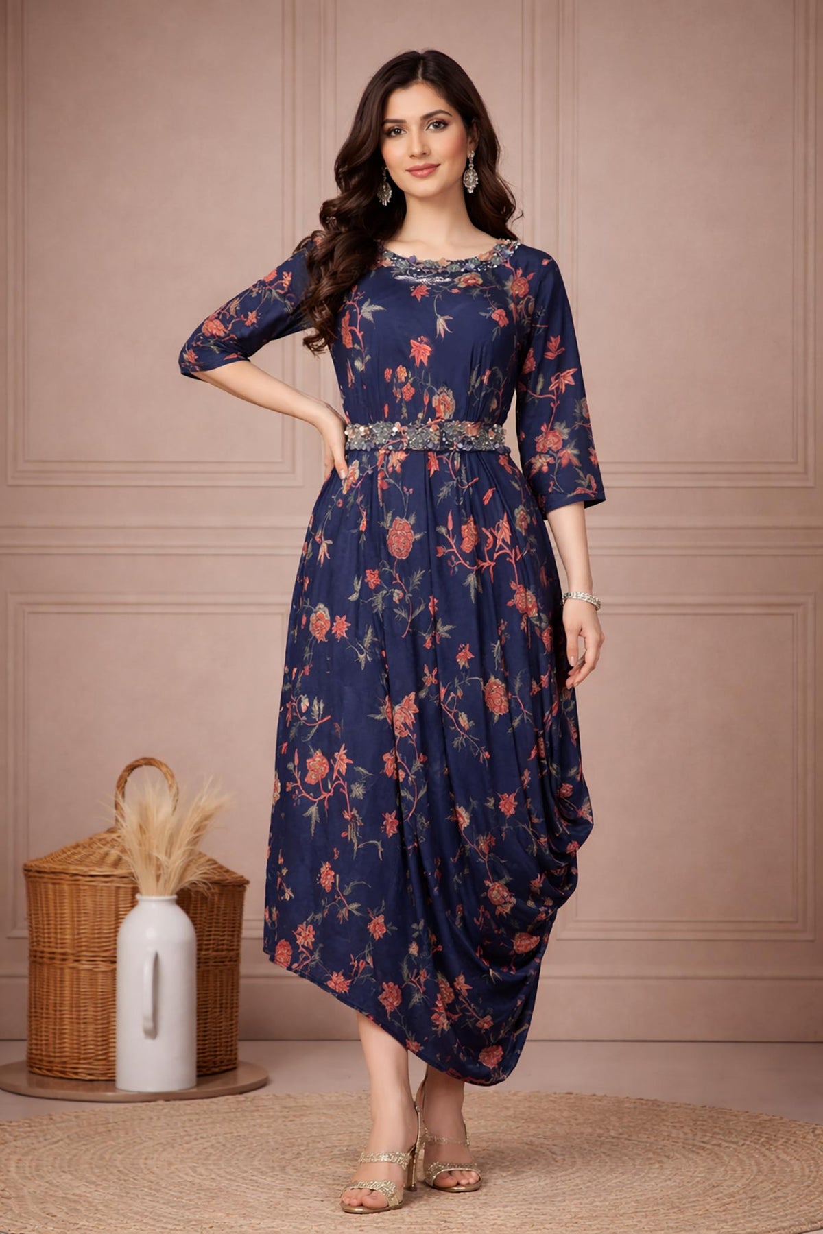SN146 women’s navy floral asymmetric rayon kurta dress with three-quarter sleeves front view.