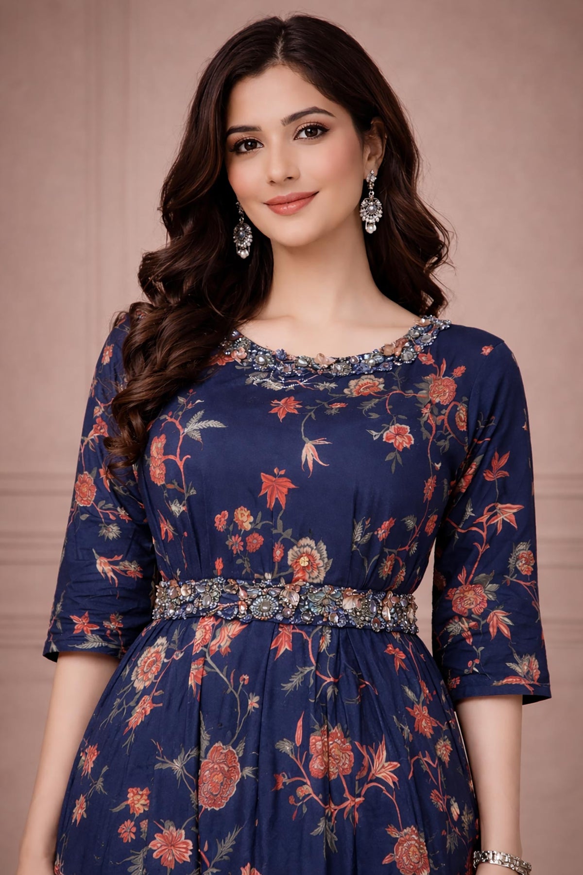 SN146 women’s navy floral rayon kurta dress close-up showing embellished neckline and waist detail.