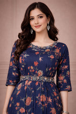 SN146 women’s navy floral rayon kurta dress close-up showing embellished neckline and waist detail.