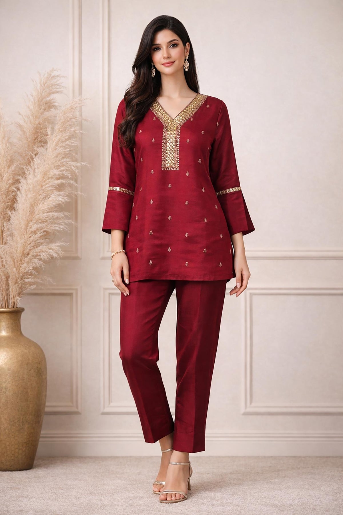 SN147 women’s maroon silk blend kurta set with mirror embroidery, V-neck and three-quarter sleeves front pose