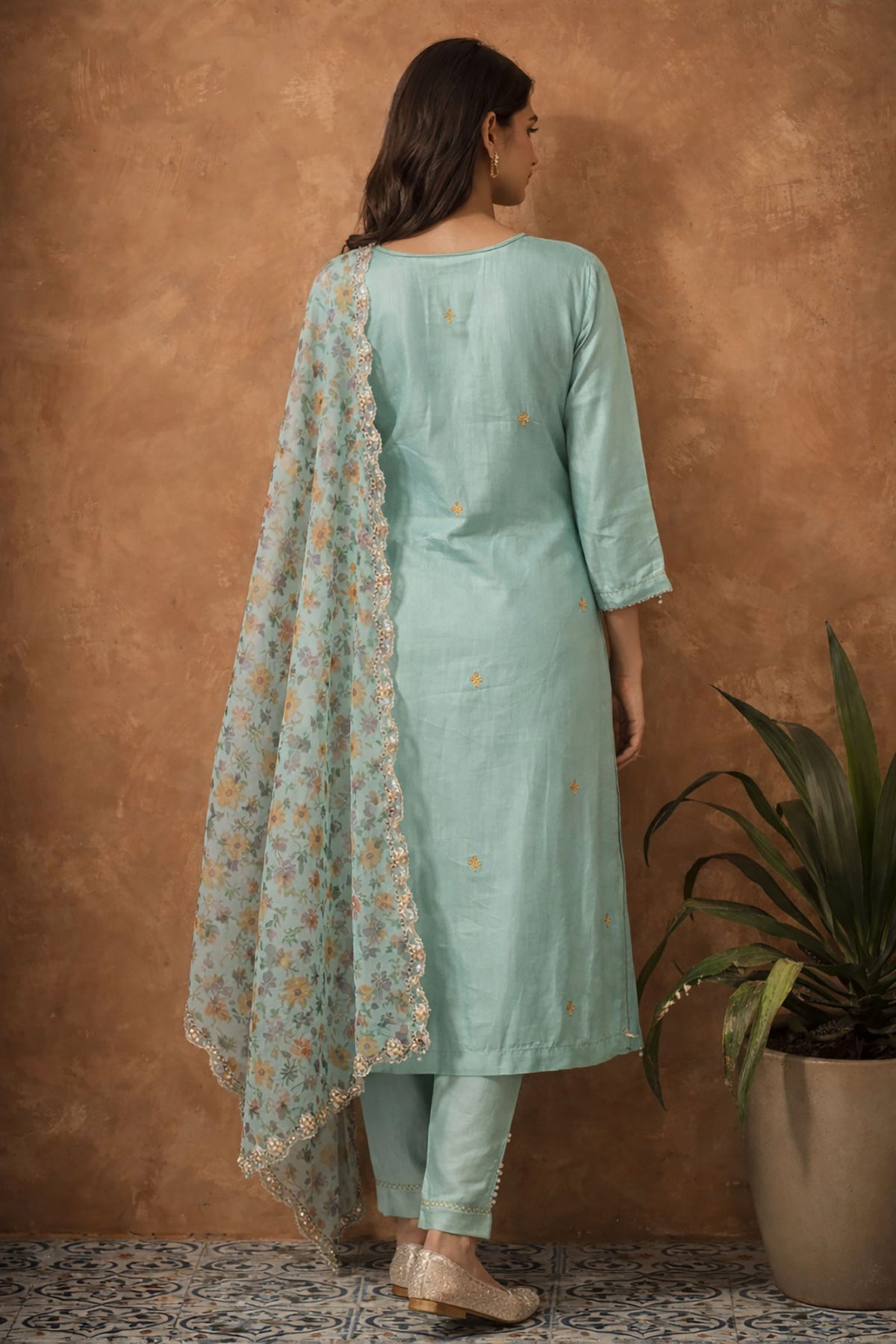 SN151 pastel aqua embroidered women kurta set back pose showing rear design and dupatta placement