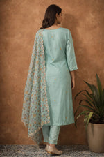 SN151 pastel aqua embroidered women kurta set back pose showing rear design and dupatta placement