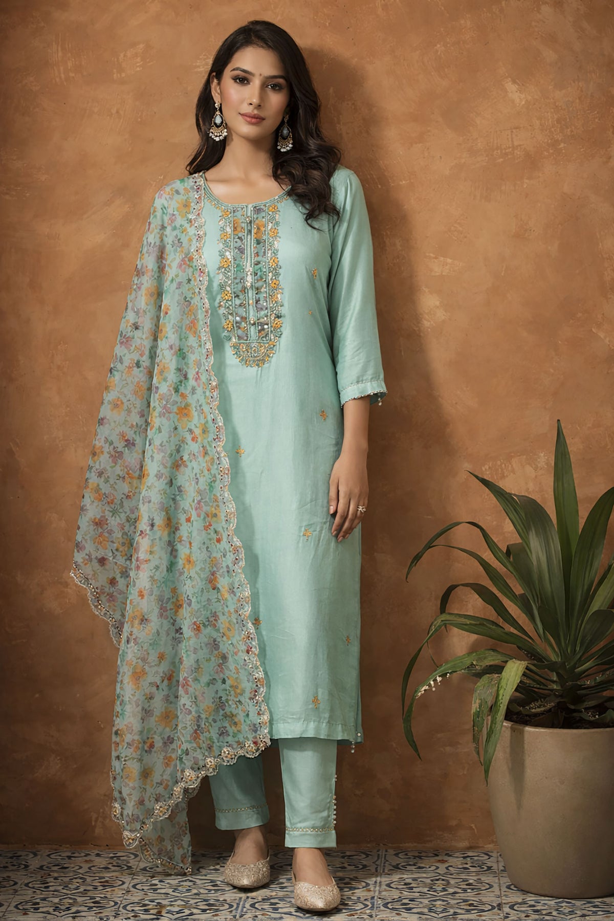 SN151 pastel aqua hand embroidered women kurta set with floral organza dupatta long sleeve front pose