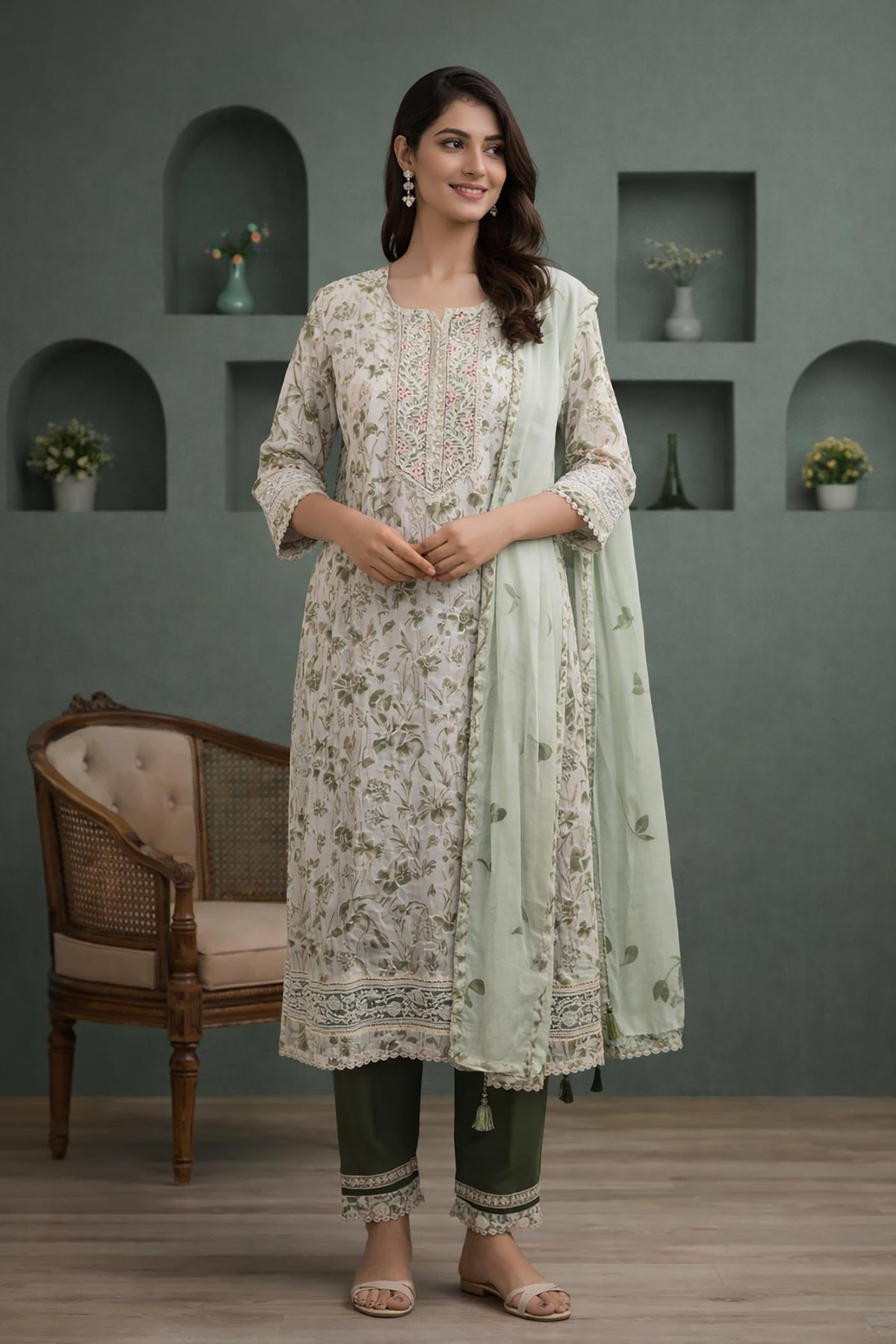 SN153 women’s ivory floral muslin kurta set with V-neck, three-quarter sleeves and dupatta front pose