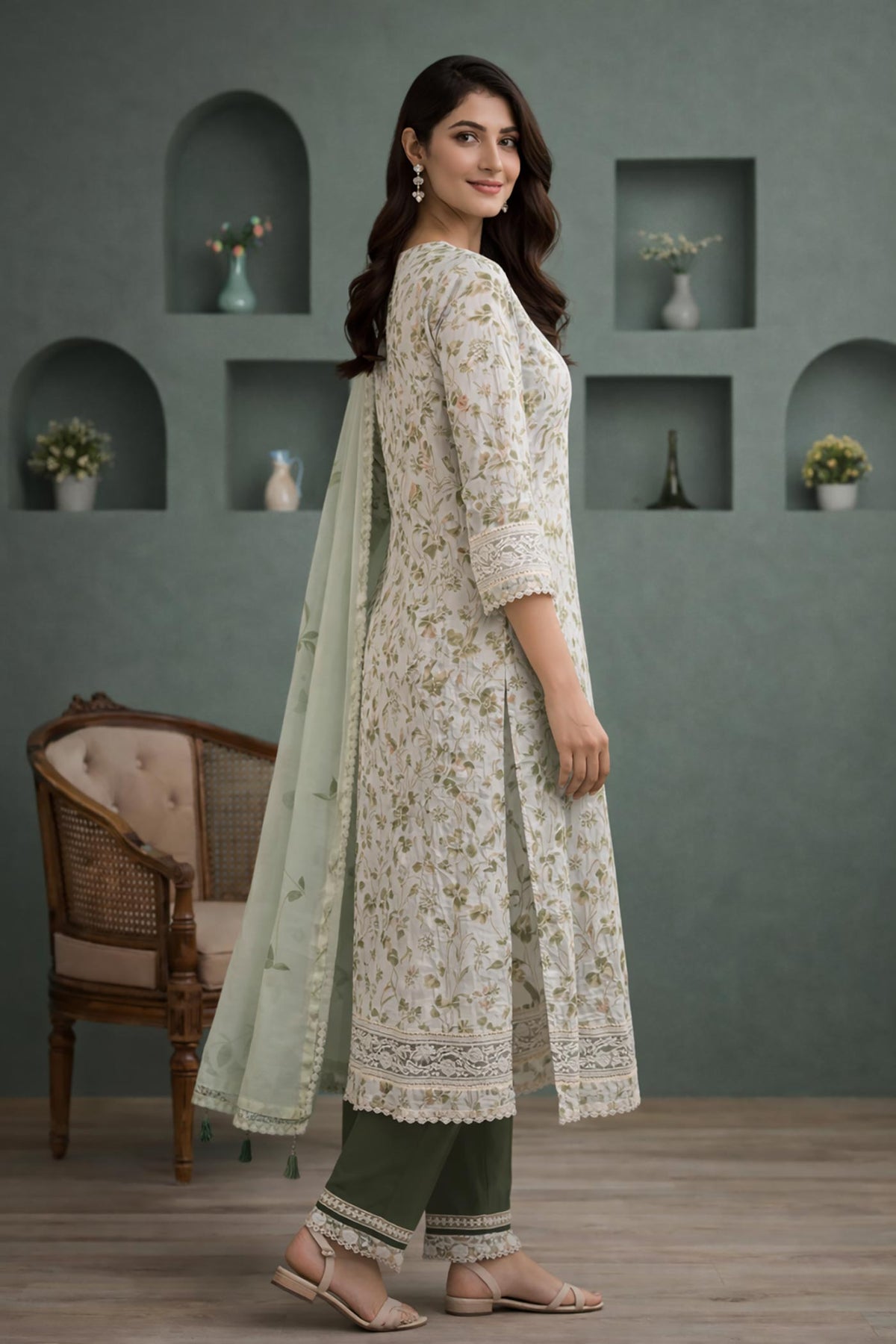 SN153 women’s ivory floral muslin kurta set side pose with straight silhouette and matching dupatta