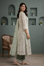 SN153 women’s ivory floral muslin kurta set side pose with straight silhouette and matching dupatta