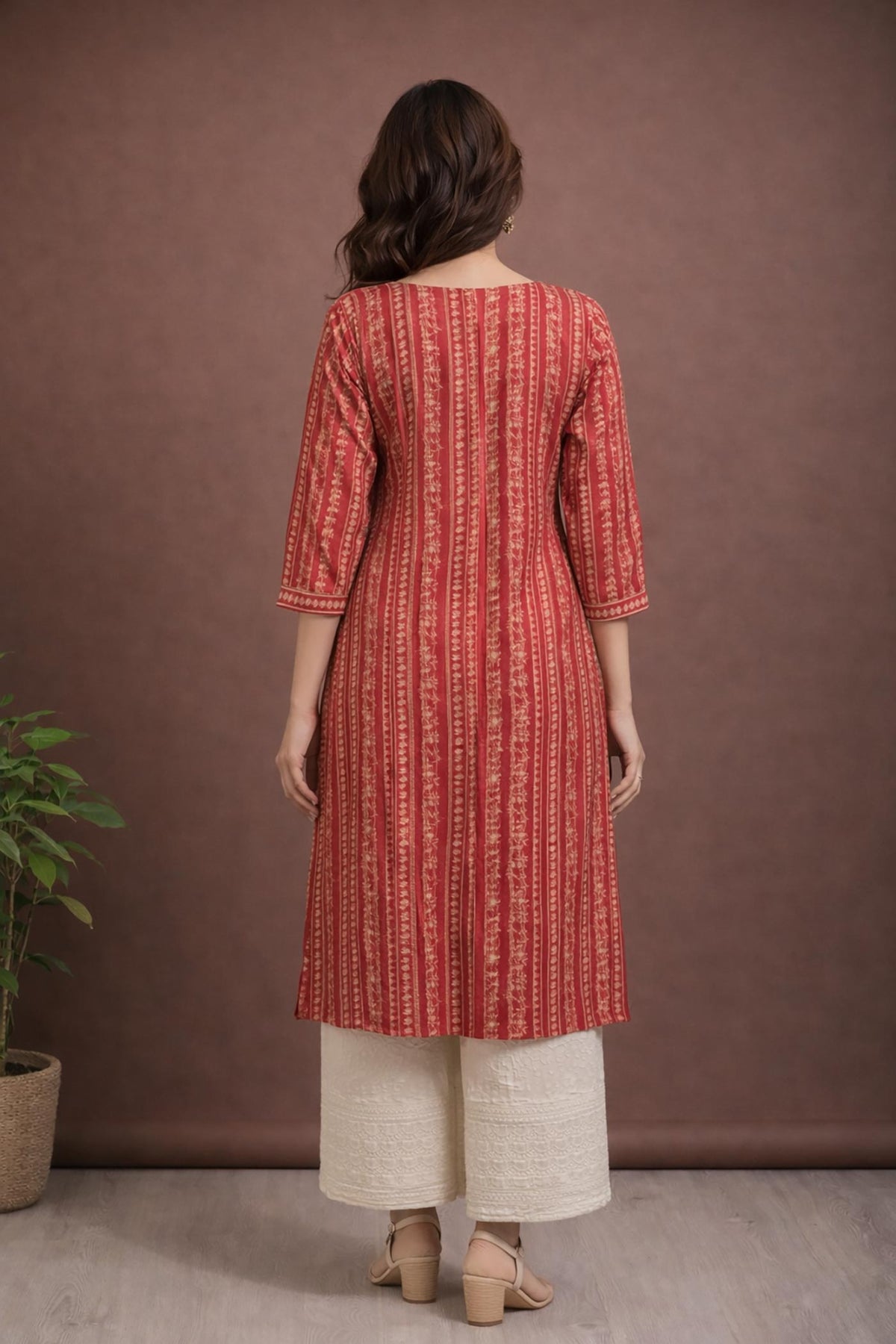 SN154 women’s crimson stripe cotton kurta pant set, straight silhouette, three-quarter sleeves, back view