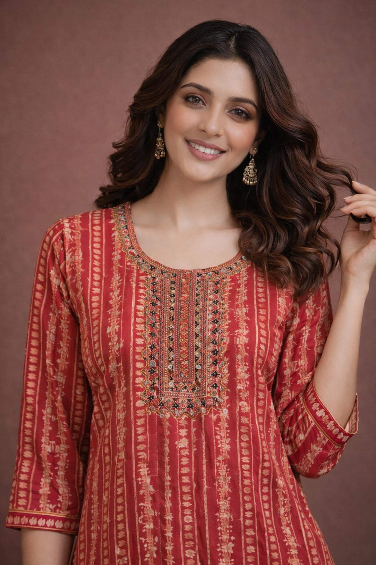 SN154 women’s crimson cotton kurta with embroidered yoke, round neckline, three-quarter sleeves, closeup view