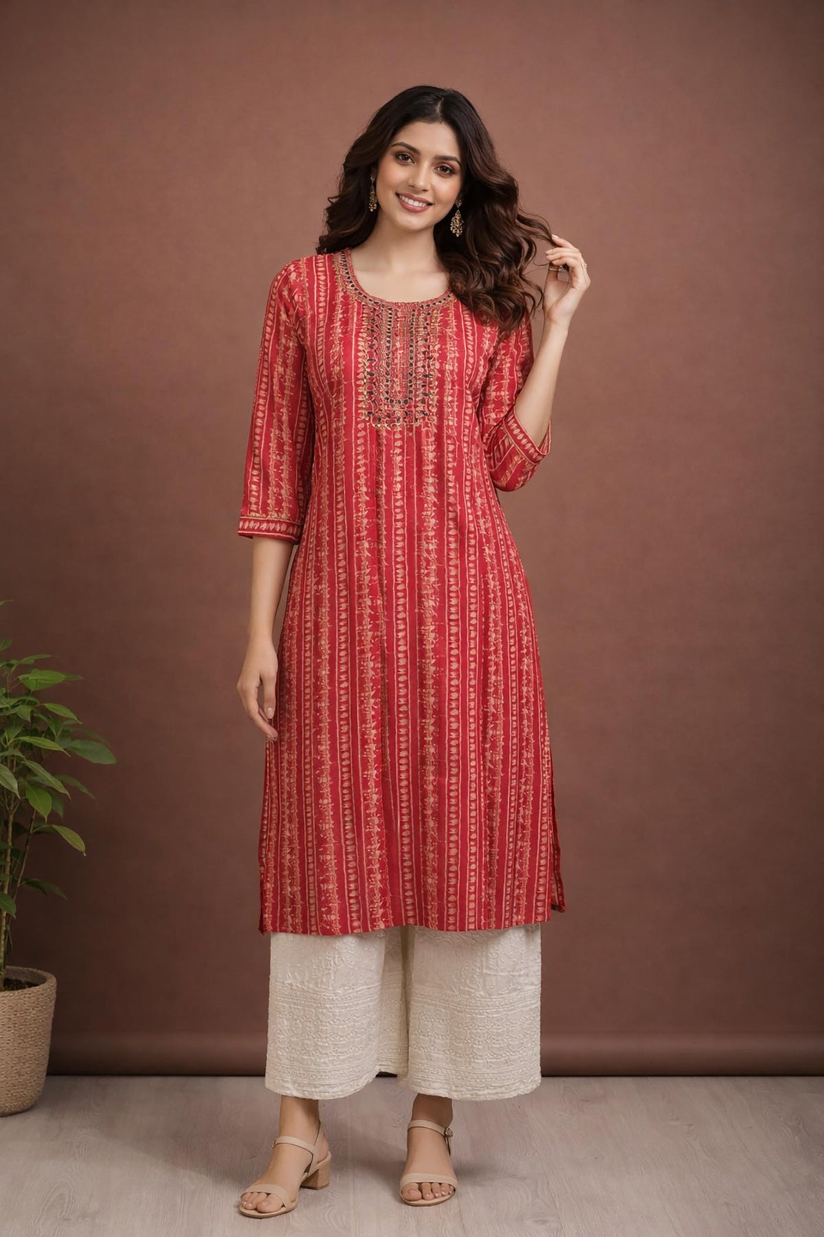 SN154 women’s crimson stripe embroidered cotton kurta pant set, round neck, three-quarter sleeves, front pose