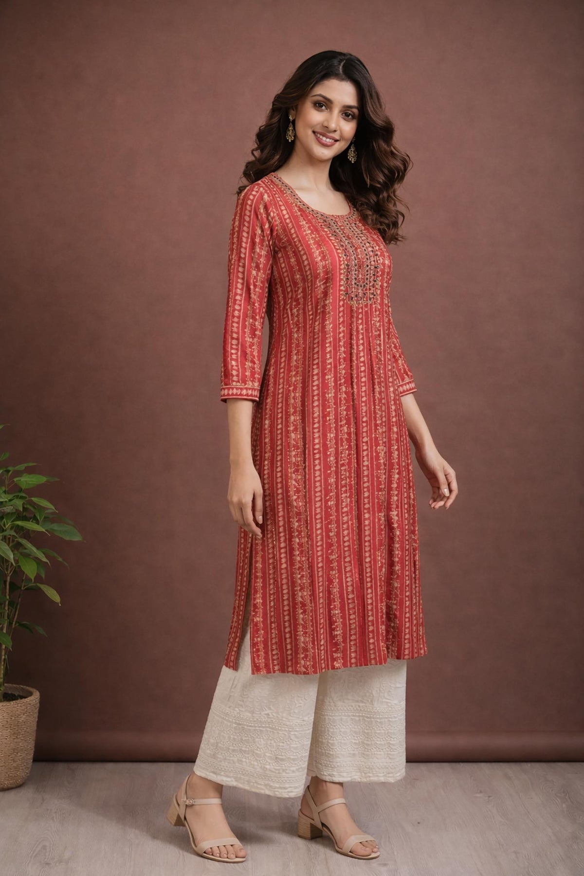 SN154 women’s crimson stripe cotton kurta pant set, straight fit, round neck, three-quarter sleeves, side pose