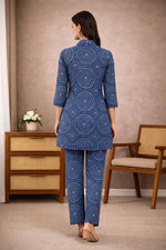 SN158 women’s indigo cotton co-ord set back pose with long sleeves and straight fit pants in cotton fabric.