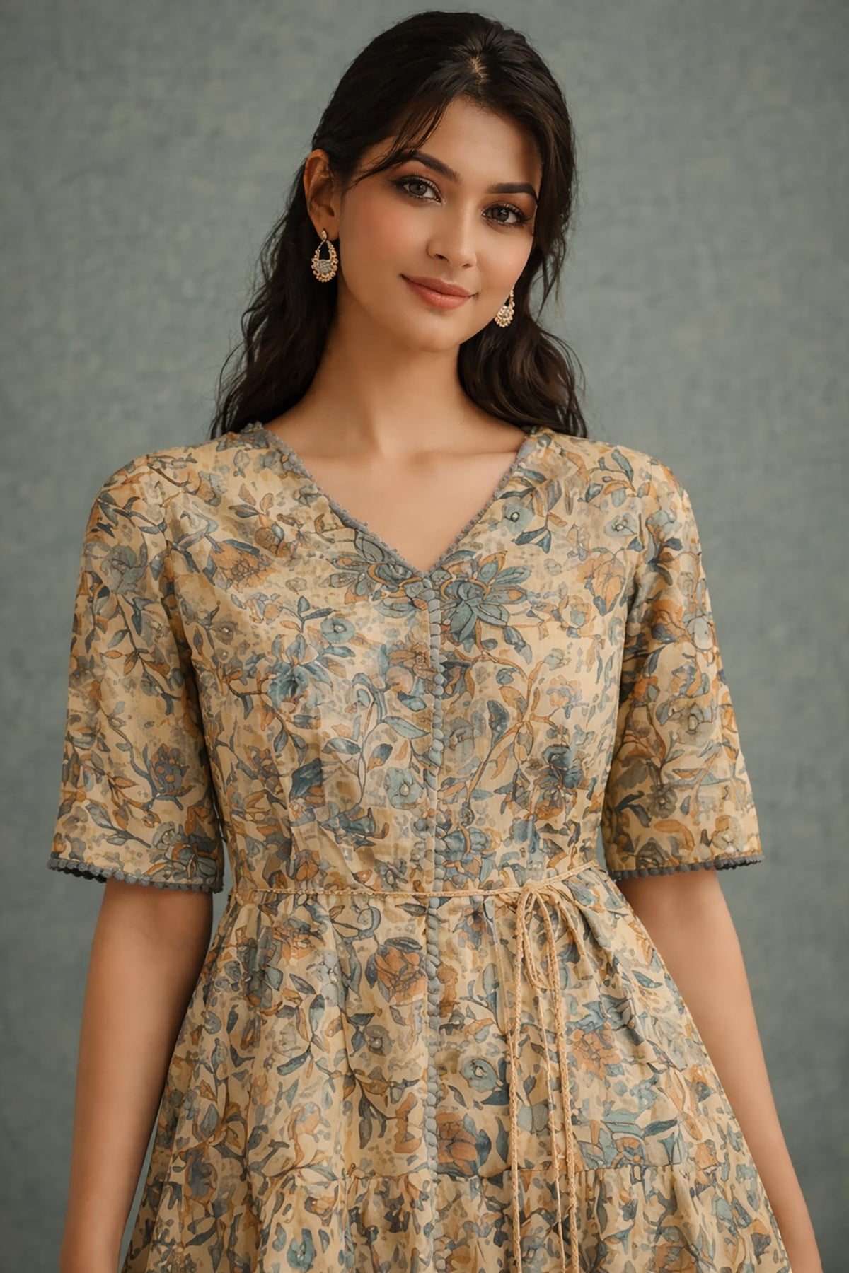 SN159 women’s butter yellow floral cotton dress closeup showing V-neckline and delicate print