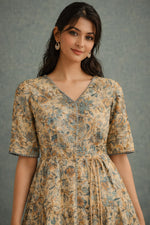 SN159 women’s butter yellow floral cotton dress closeup showing V-neckline and delicate print