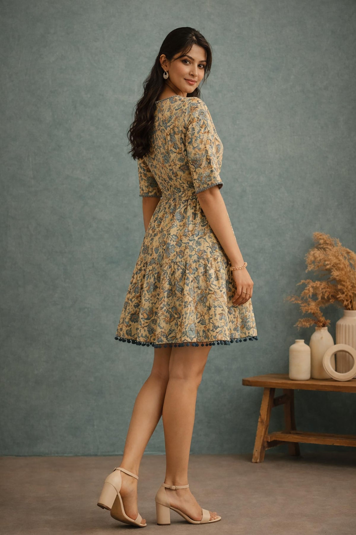 SN159 women’s butter yellow floral cotton tiered dress side view with elbow sleeves and tie waist