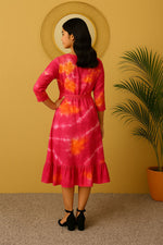 Back view of women’s pink orange tie-dye rayon midi dress with waist belt