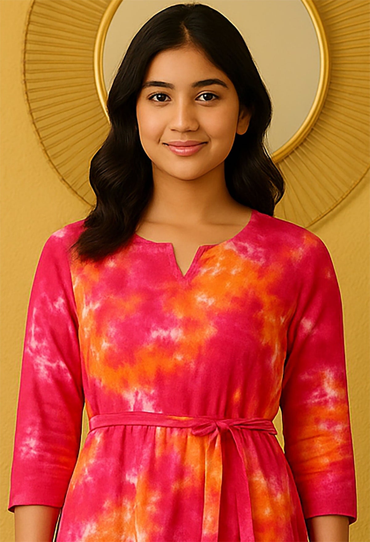 Closeup view of women’s pink orange tie-dye rayon midi dress with waist belt