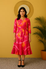 Women wearing pink orange tie-dye rayon midi dress with belt front pose