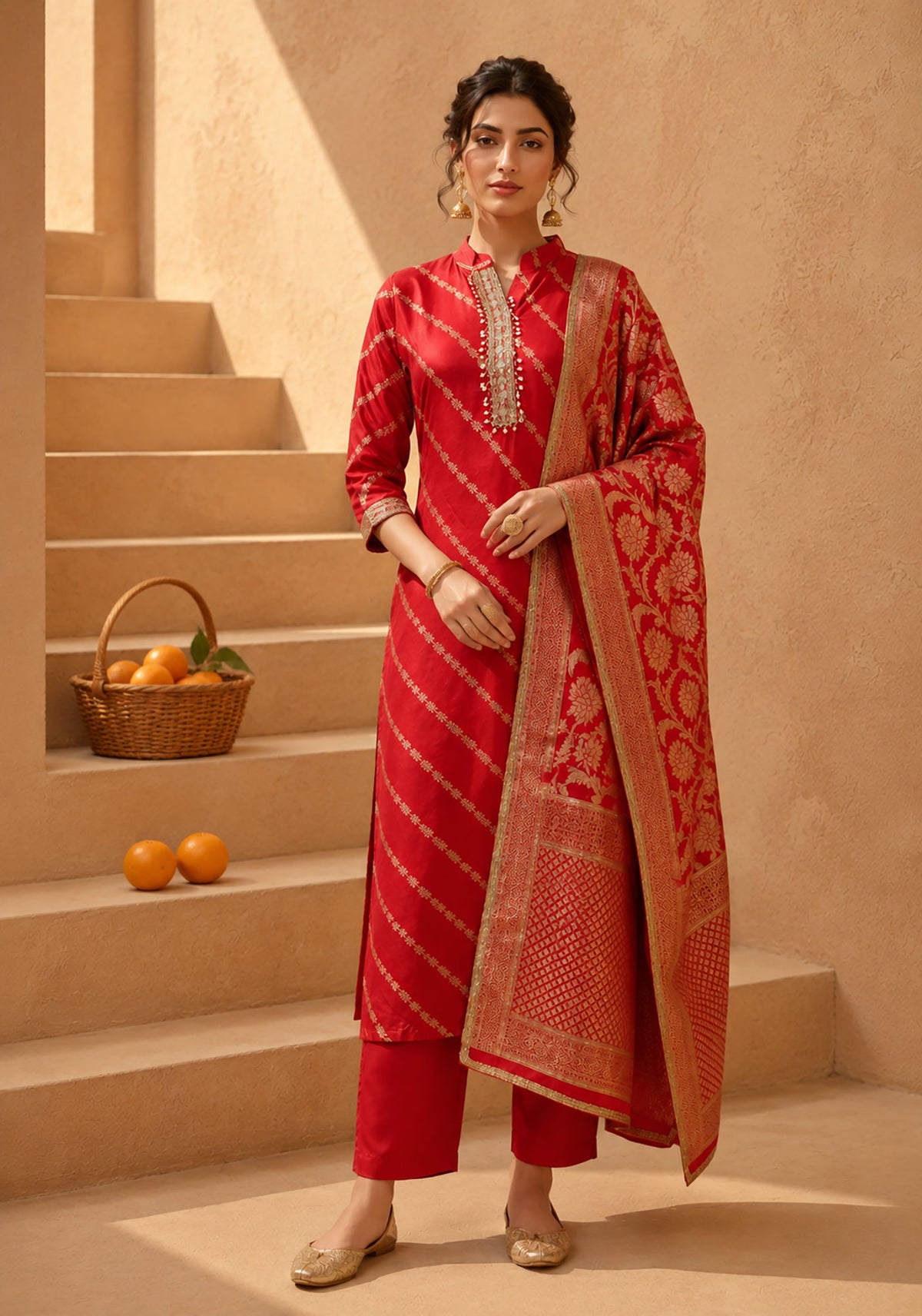SN161 women’s festive red zari embroidered kurta set with three-quarter sleeves and dupatta front pose