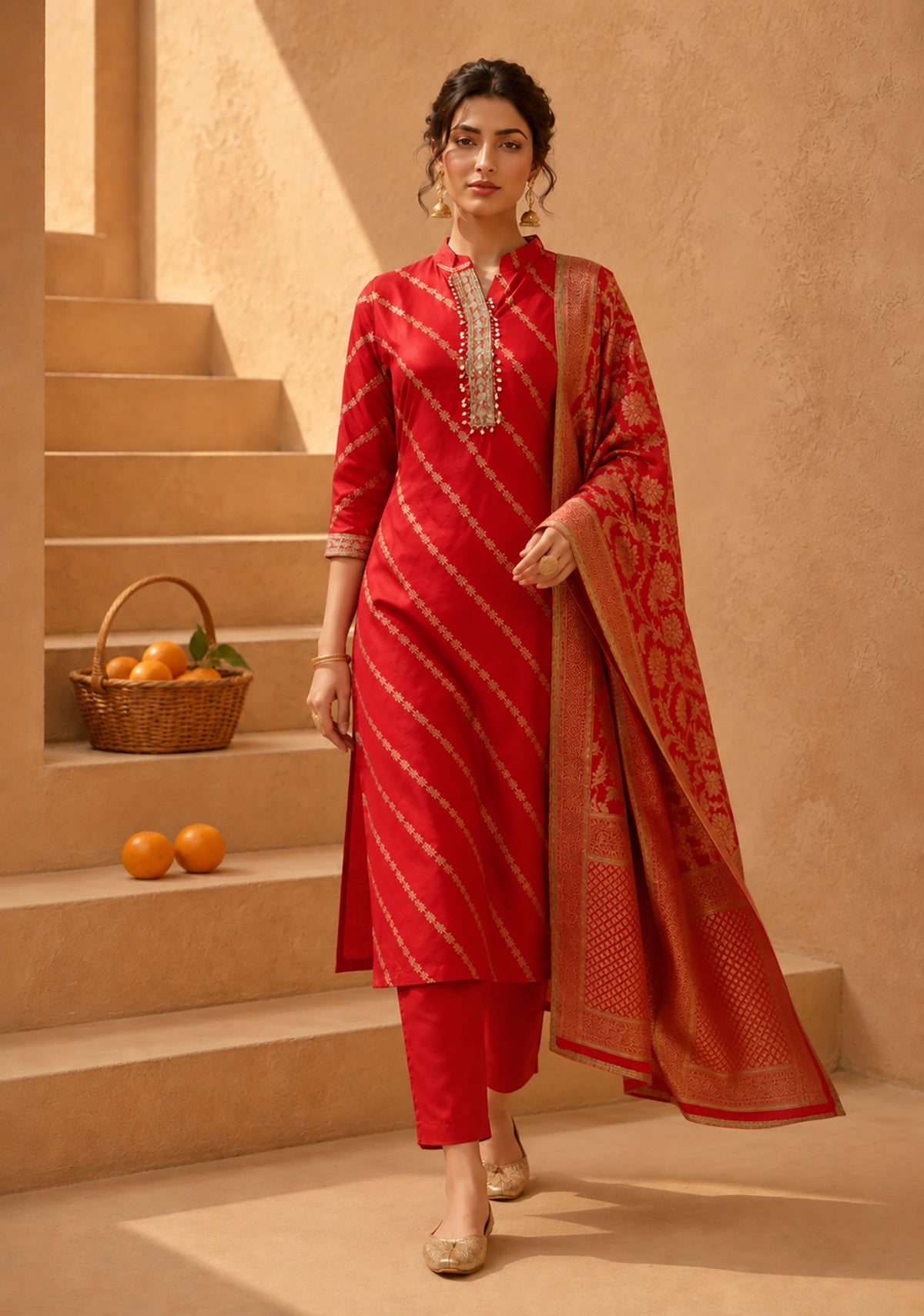 SN161 women’s festive red zari embroidered kurta pant set walking pose with flowing dupatta
